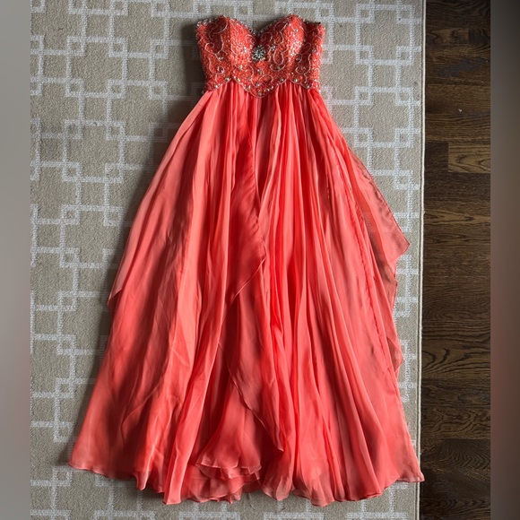 Sparkle Beaded Strapless Chiffon Gown Coral Embellished Formal Prom Dress 6 - Picture 4 of 16